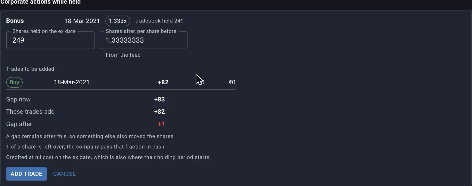 The record form for a Bonus action, showing the generated buy trade at nil cost, the gap now, before and after figures, and the notes about the remaining gap and the fractional share