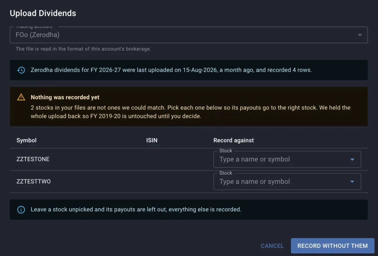 The upload dialog warning that nothing was recorded yet, listing two symbols with an autocomplete against each to pick the stock to record them against