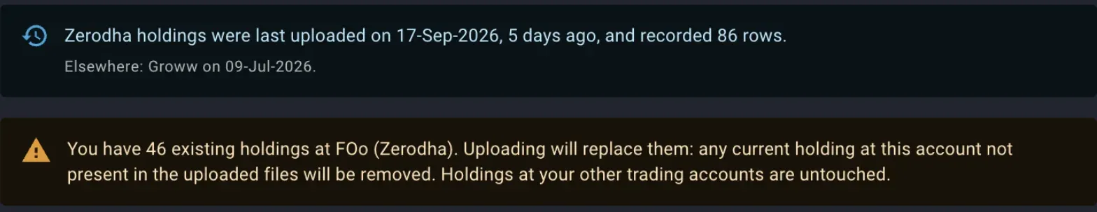The upload dialog&#x27;s warning that the trading account already has holdings and the upload will replace them, above the note of when holdings were last uploaded